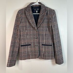 Armani Jeans Plaid Blazer, Wool Blend, Blue / Tan / Red / White, Women’s 8